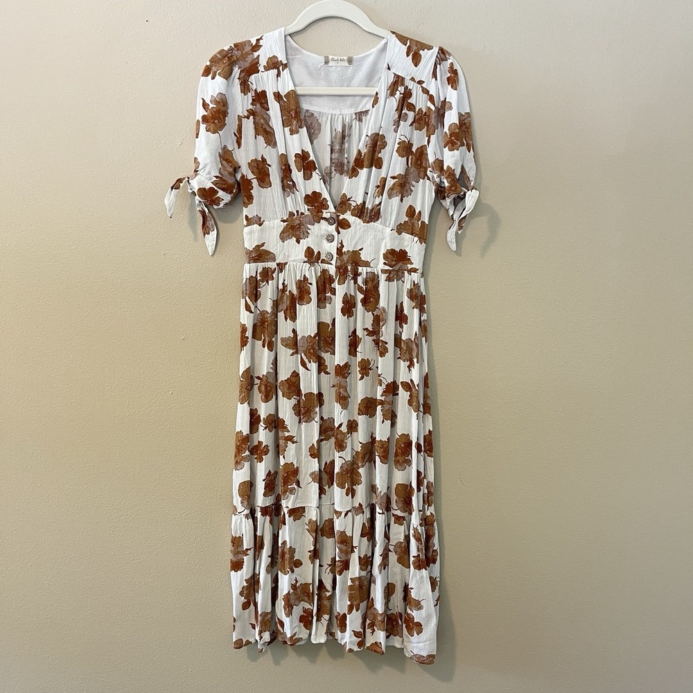 Women's Floral dress Altarid State S Orange Midi Cottage Coquette Feminine Vneck - Picture 2 of 7